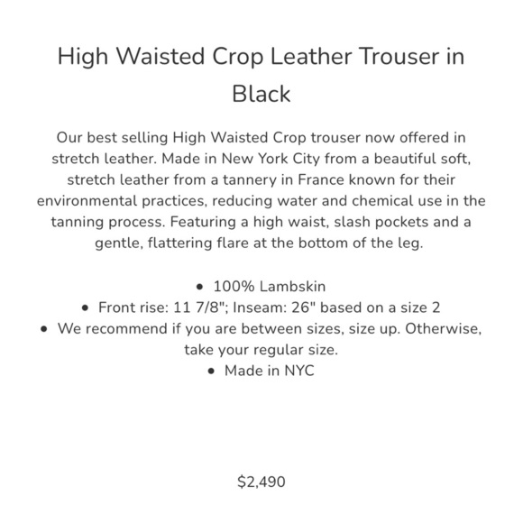 Maria McManus 100% Lamb Skin High Waist Crop French Leather Trouser Pants, 8 - Picture 16 of 16